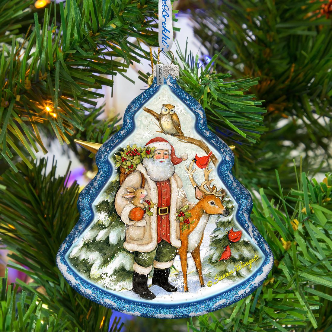 Santa in the Forest Glass Ornament