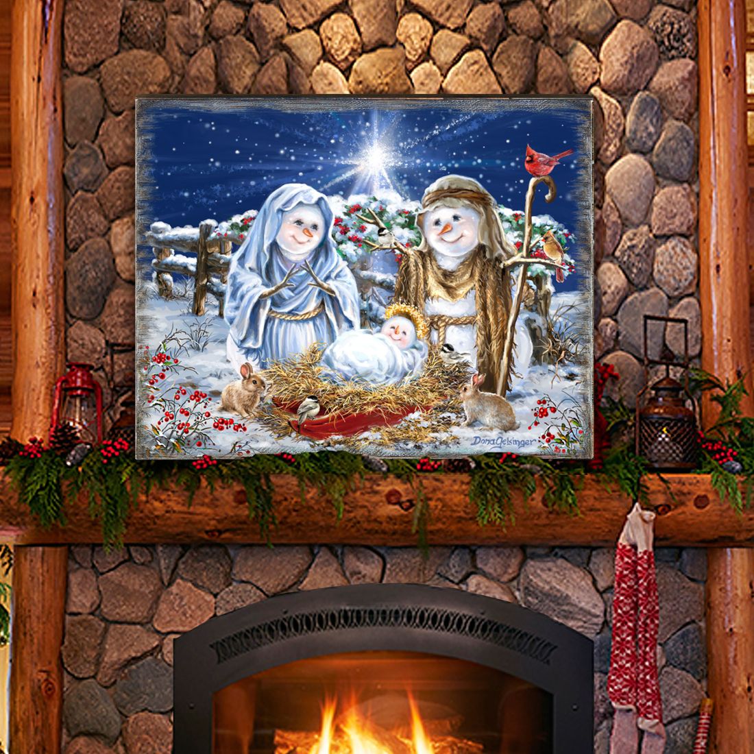 Snow Family Nativity Art Wooden Wall Art by D. Gelsinger - Christmas Santa Snowman Decor - 95675B-DG