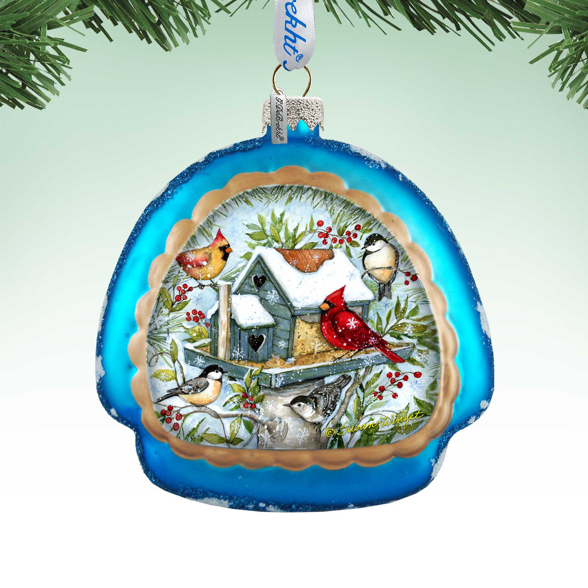 Winter Cardinals Glass Birdhouse Christmas Ornament