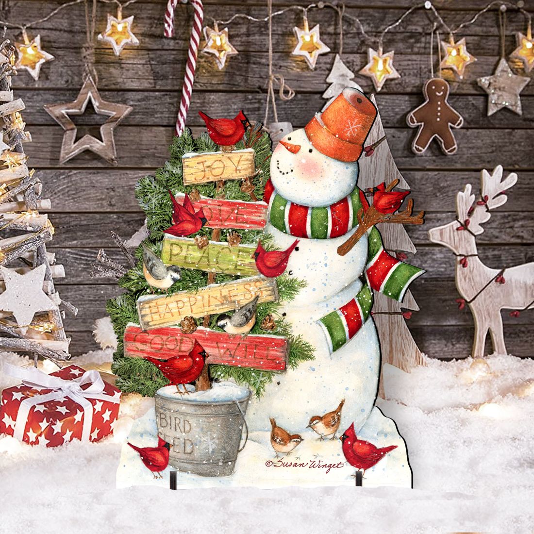Joy Love and Peace Snowman Christmas Outdoor Scene by Susan Winget - Christmas Santa Snowman Decor - 8471108F-SW