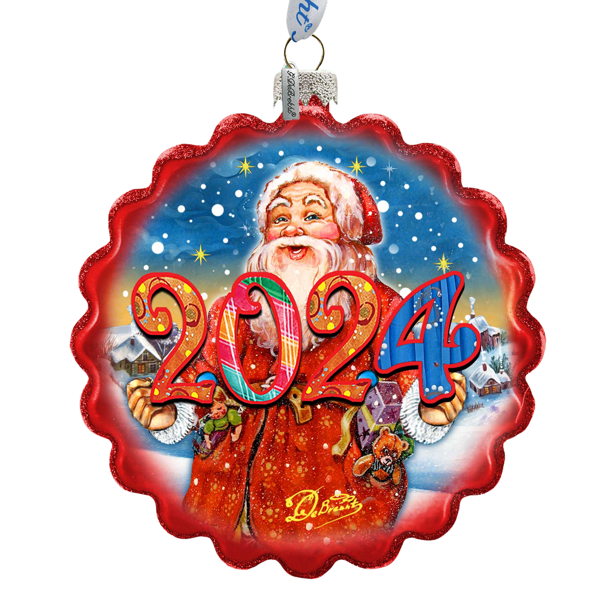 2024 Dated Celebration Santa Wreath Glass Ornament by G. Debrekht - Christmas Decor - 759-040-D24