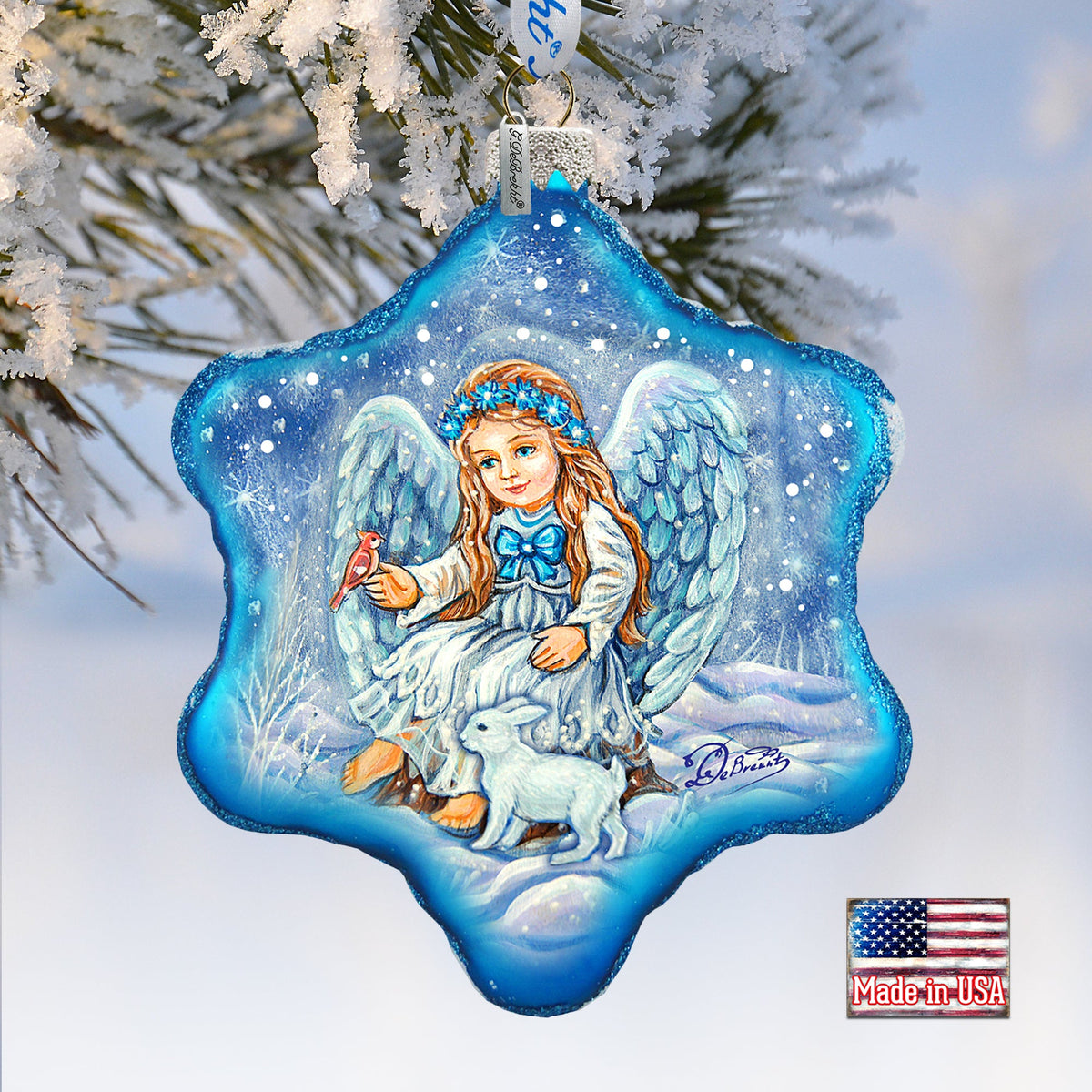 Baby Angel with Bunny Glass Ornament by G. DeBrekht - Nativity Holiday Décor - 754-015