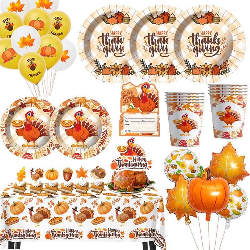 Thanksgiving Turkey Cartoon Theme Disposable Tableware Paper Plates Cups Balloons Flag