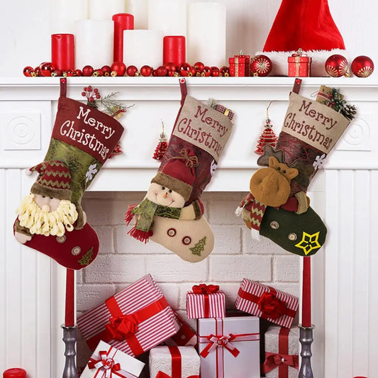 Christmas Socks  Santa Elk Fabric Stocking