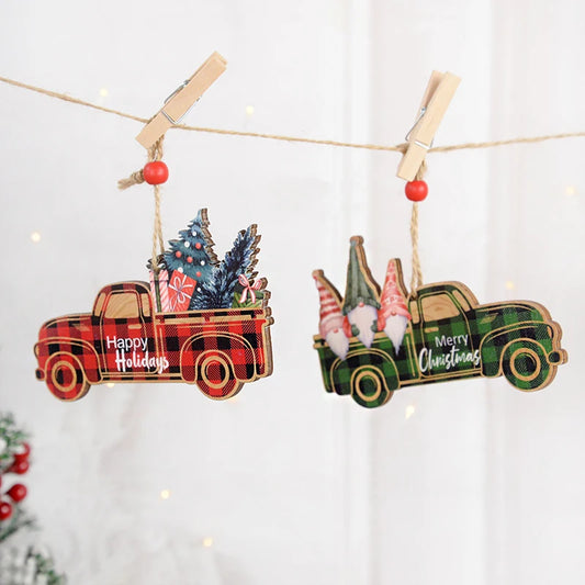 Wooden Painted Colorful Car Christmas Tree Ornaments