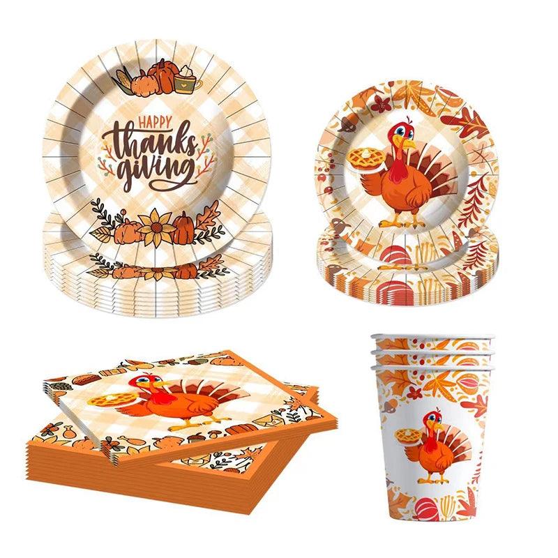 Thanksgiving Turkey Cartoon Theme Disposable Tableware Paper Plates Cups Balloons Flag