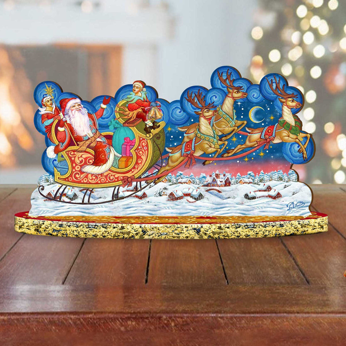 Santa Sleigh Ride with Reindeer Wooden Decor Tabletop Centerpiece by G. Debrekht - Christmas Snowman Decor - 89312