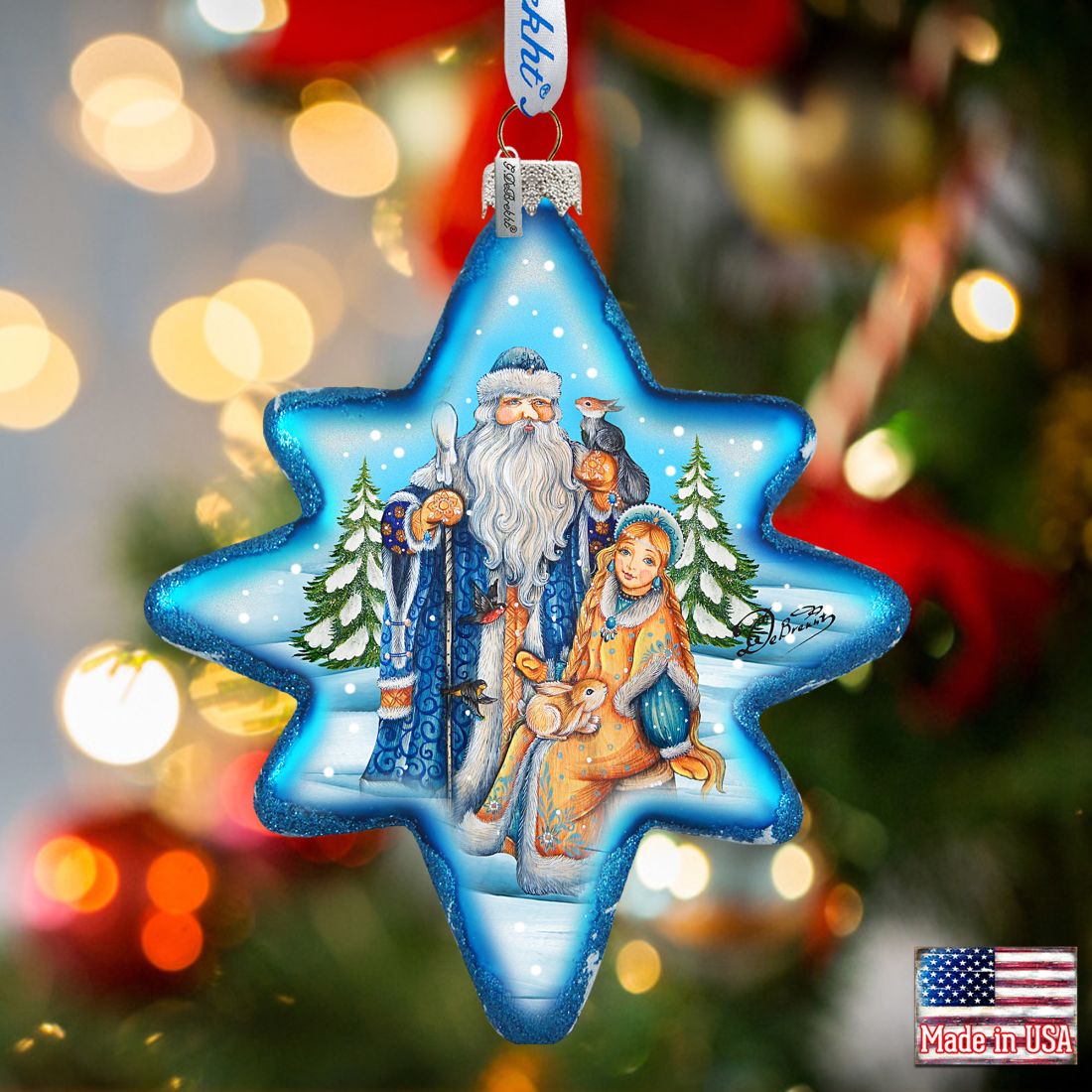 Father Frost and Snow Maiden North Star Glass Ornament by G. DeBrekht - Christmas Santa Snowman Decor - 755-015