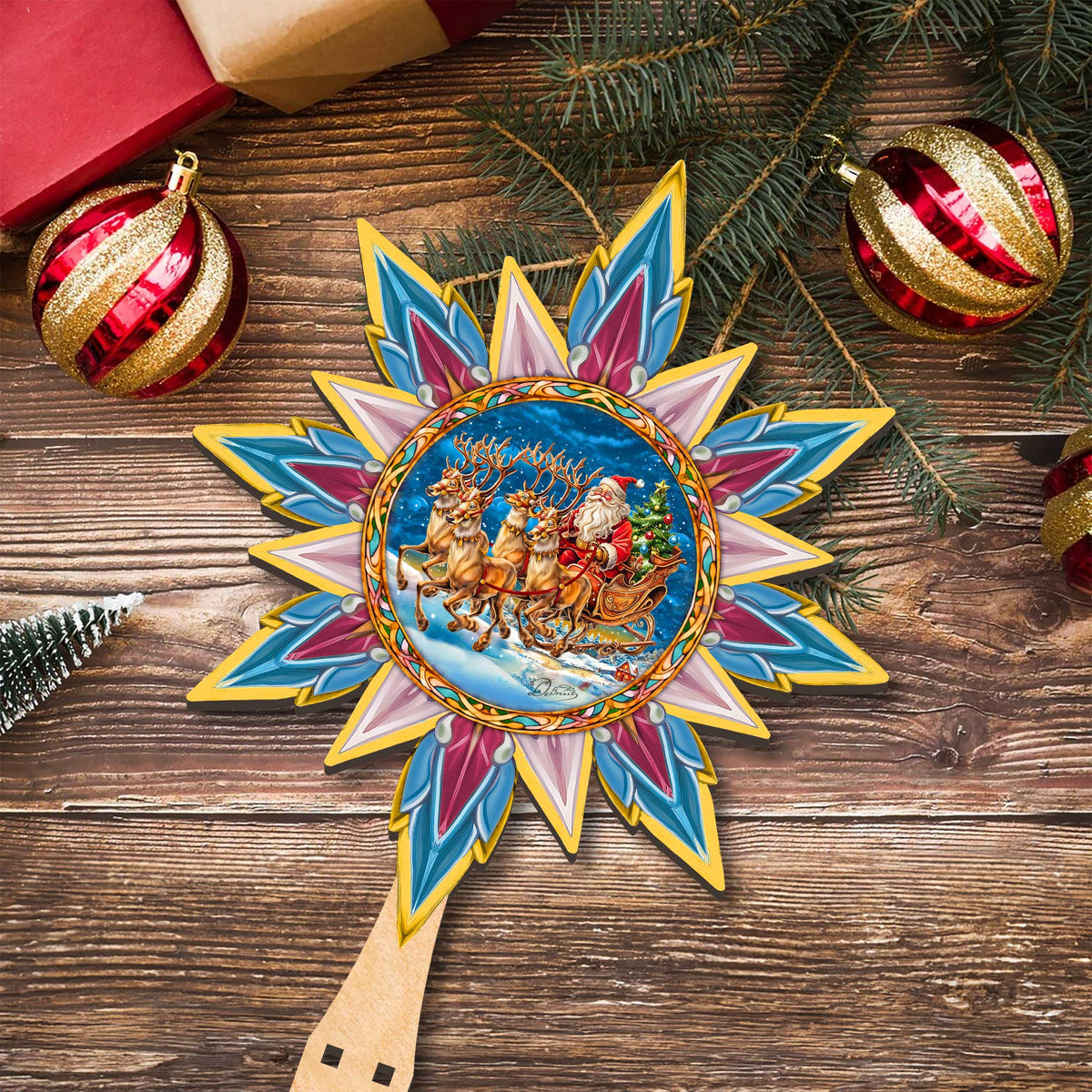 Santa on the Sleigh Star Tree Topper Wooden Decor