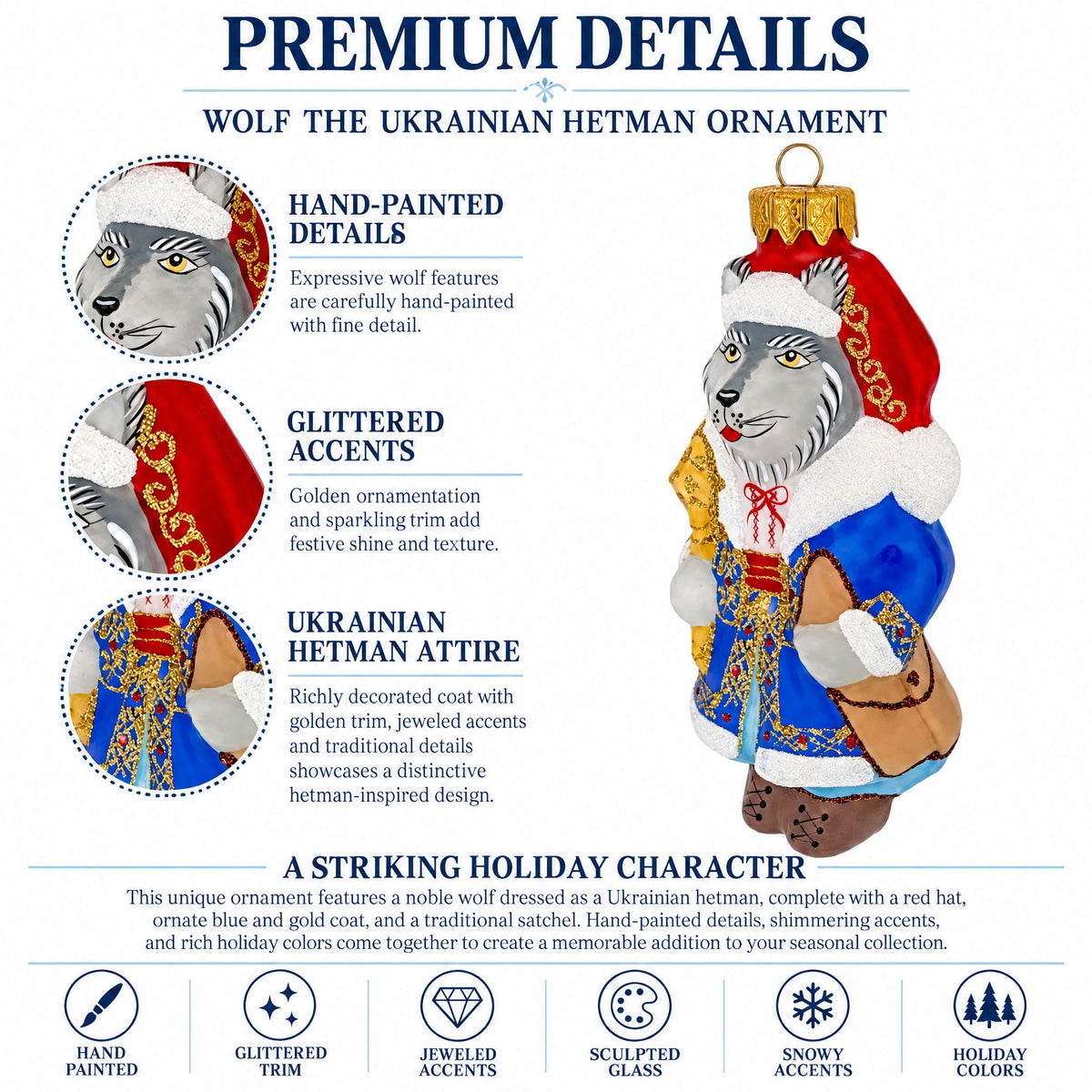 Wolf the Ukrainian Hetman Glass Christmas Ornament