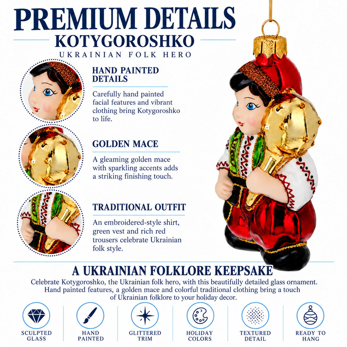Kotygoroshko Ukrainian Folk Hero Glass Christmas Ornament
