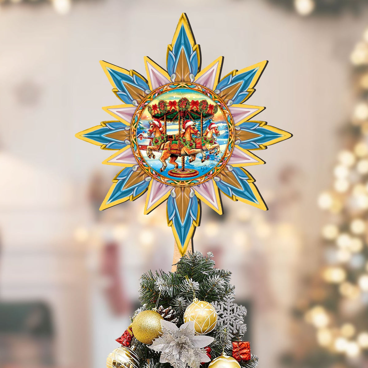 Christmas Carousel Star Tree Topper Wooden Decor