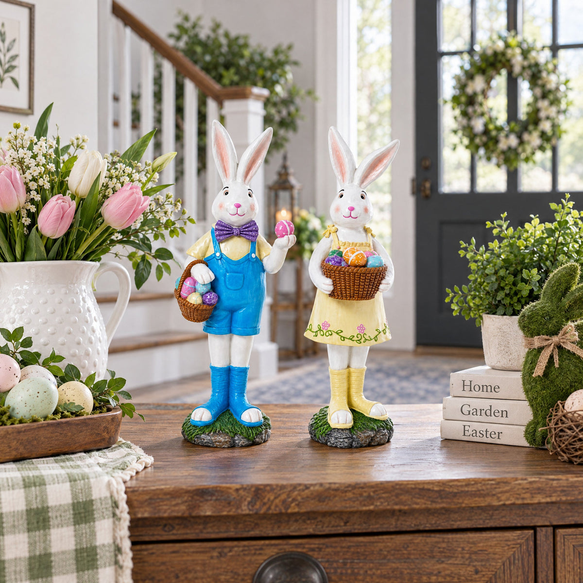 Set of 2 Resin Spring Bunnies With Eggs Figurine Centerpiece Display 12 Inches Tall