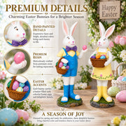 Set of 2 Resin Spring Bunnies With Eggs Figurine Centerpiece Display 12 Inches Tall