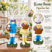 Set of 2 Resin Spring Bunnies With Eggs Figurine Centerpiece Display 12 Inches Tall
