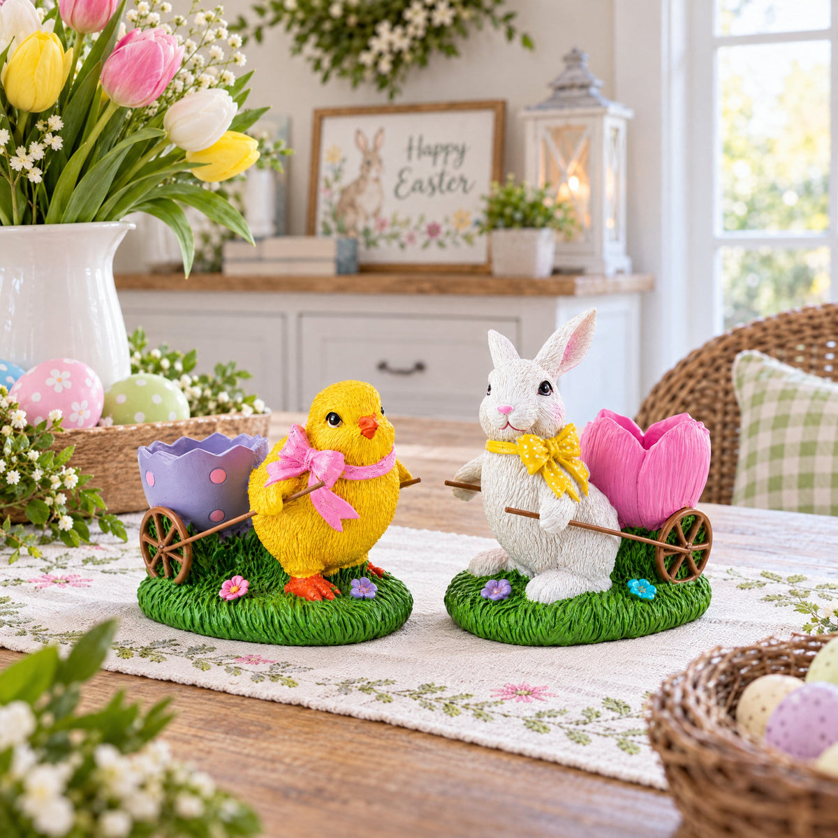Set of 2 Easter Bunny and Chick Figurine Set - 5" Spring Egg Holder Decor