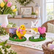 Set of 2 Easter Bunny and Chick Figurine Set - 5" Spring Egg Holder Decor