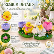 Set of 2 Easter Bunny and Chick Figurine Set - 5" Spring Egg Holder Decor