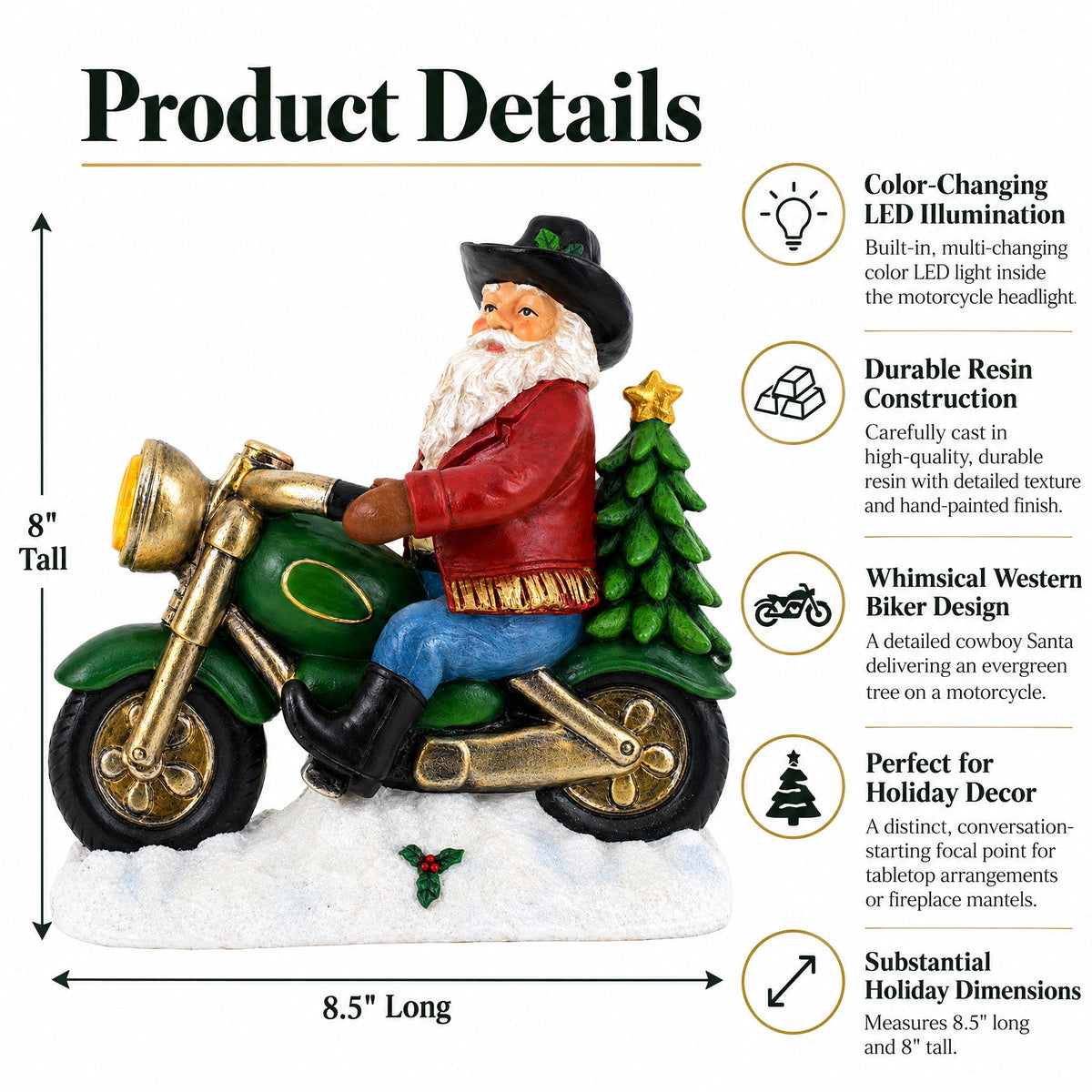 Cowboy Santa Riding Motorcycle LED Figurine - 8.5" Resin Christmas Decor