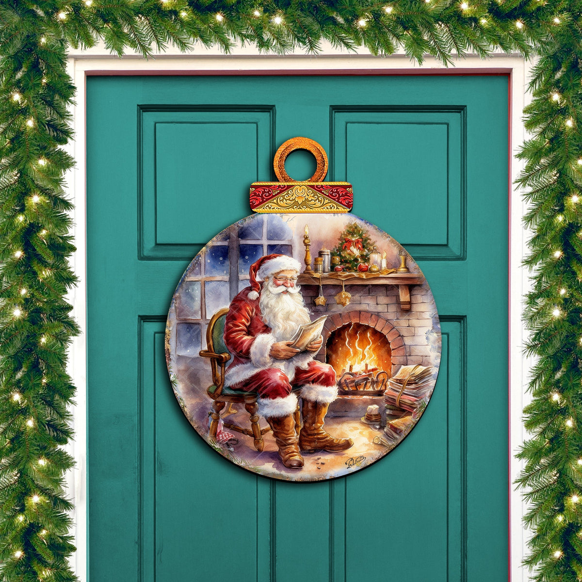Santa at the Fireplace Wreath Holiday Door Decor by G. Debrekht - Christmas Santa Snowman Decor - 8611089-2H