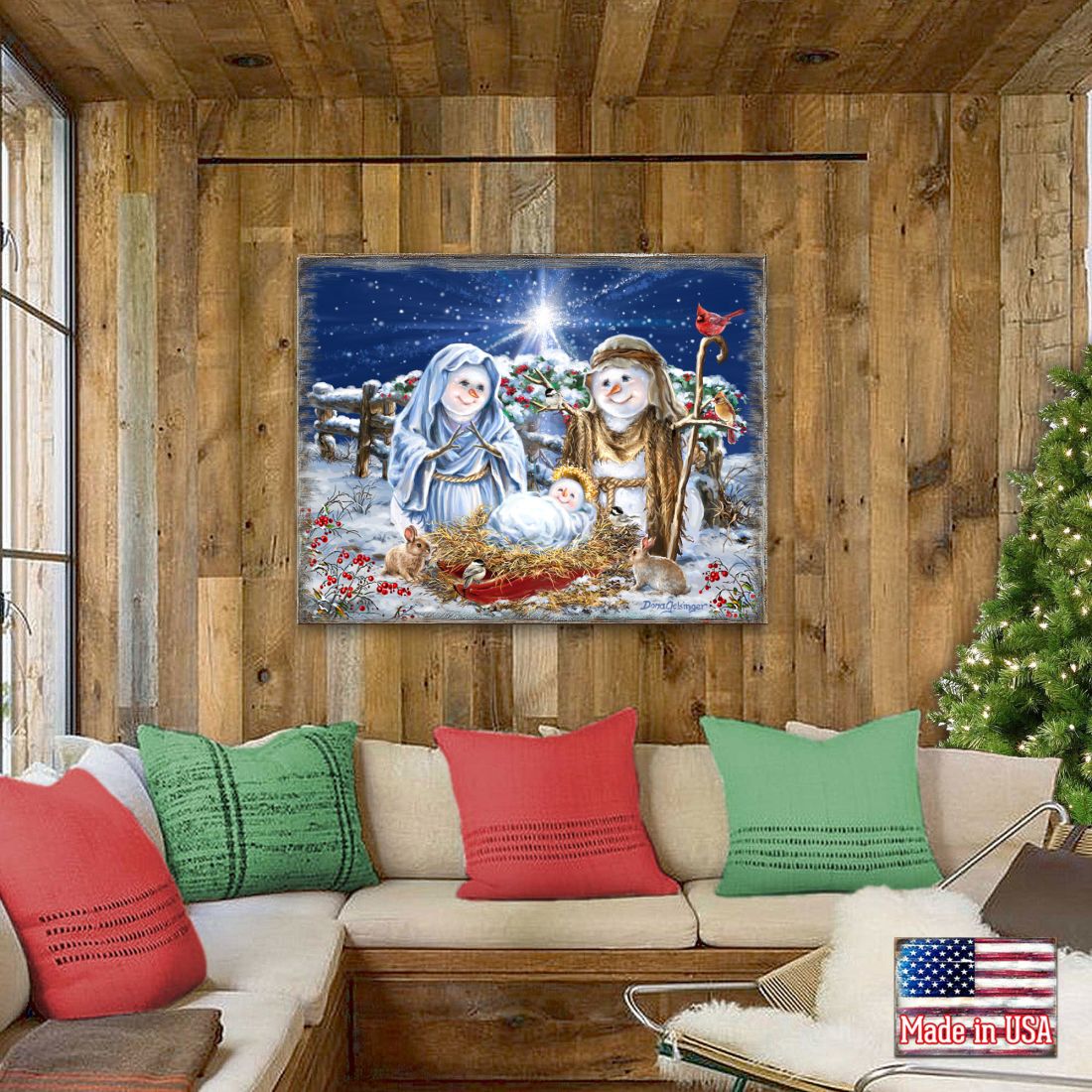 Snow Family Nativity Art Wooden Wall Art by D. Gelsinger - Christmas Santa Snowman Decor - 95675B-DG