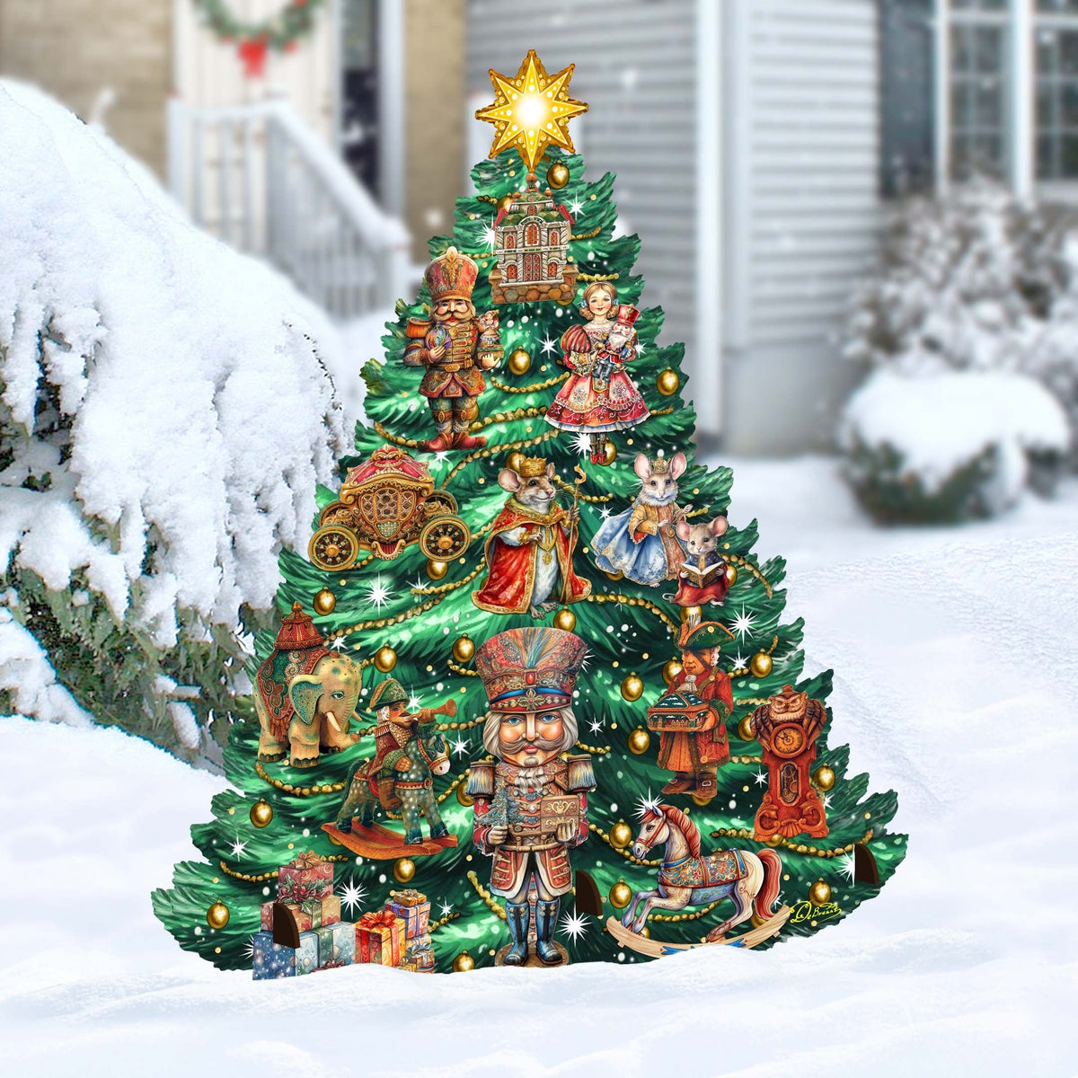 Nutcracker-Themed Christmas Tree Outdoor Indoor Decor Wooden Christmas Decoration by G. Debrekht Christmas Decor - 8191501F