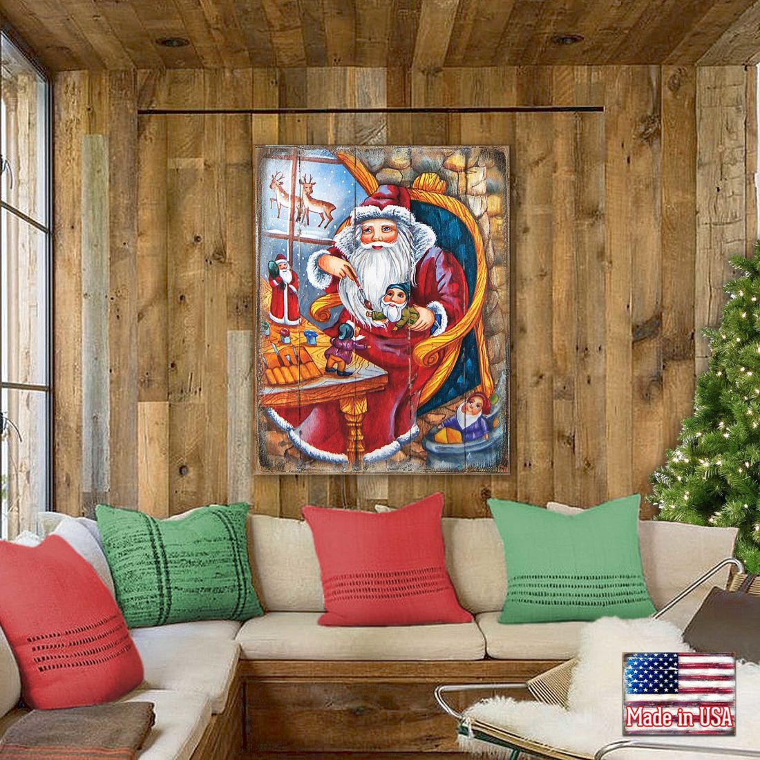 Christmas Workshop Santa Wooden Wall Art by G. DeBrekht - Christmas Santa Snowman Decor - 81215625B