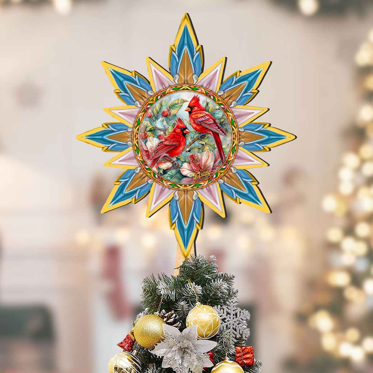 Christmas Cardinals Star Tree Topper Wooden Decor