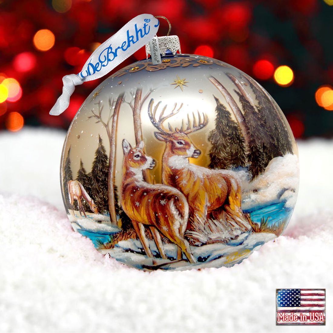 Peaceful Greetings Reindeers Ball Glass Ornament Limited Edition by G. DeBrekht - Christmas Decor - 73883