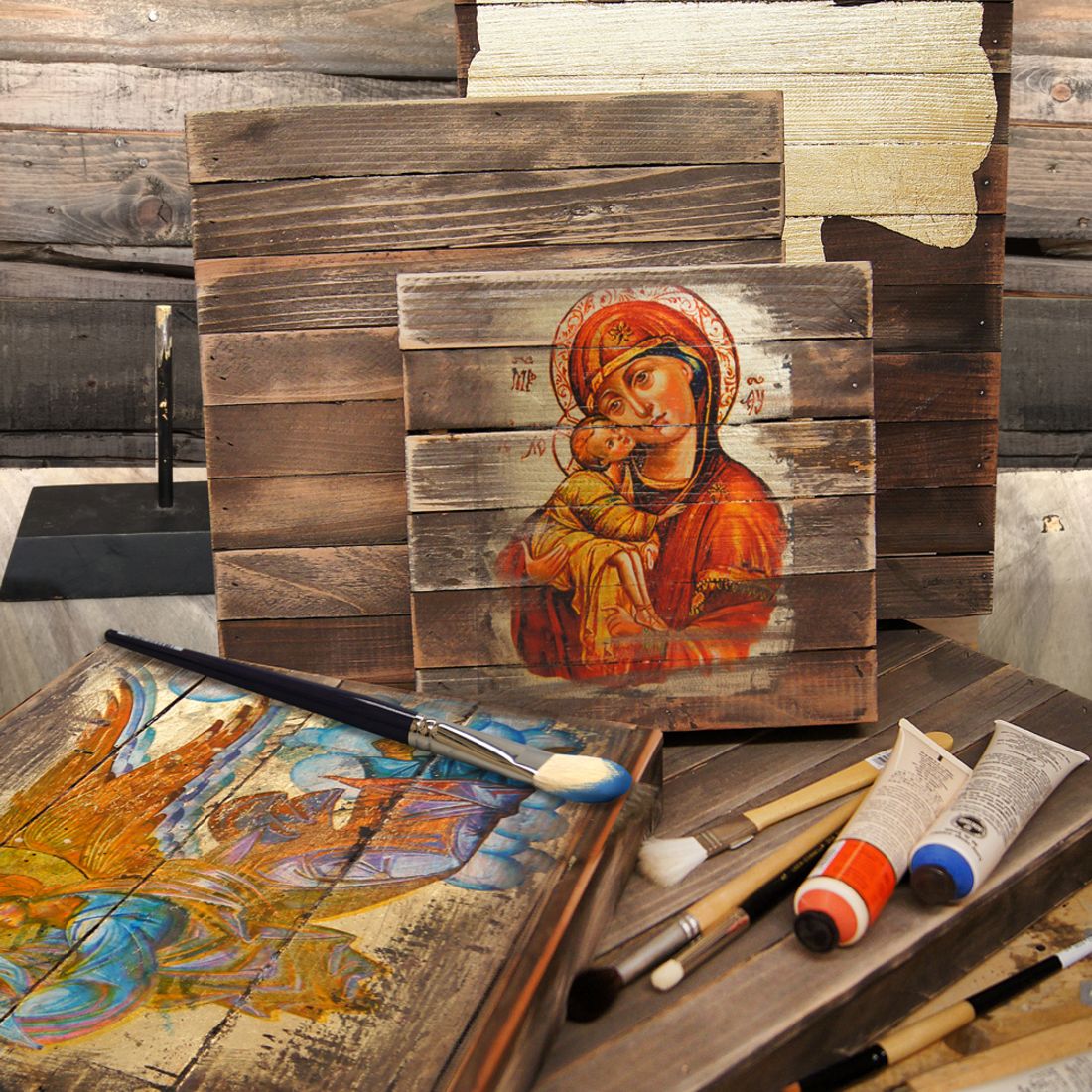 Nativity with Angel Wooden Gold Plated Religious Christian Sacred Icon - Inspirational Icon Decor - 85049