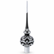 Black & White Scroll Pear Glass Christmas Tree Topper 11 Inches