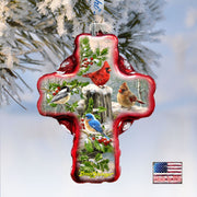 Winter Cardinals Cross Glass Ornament