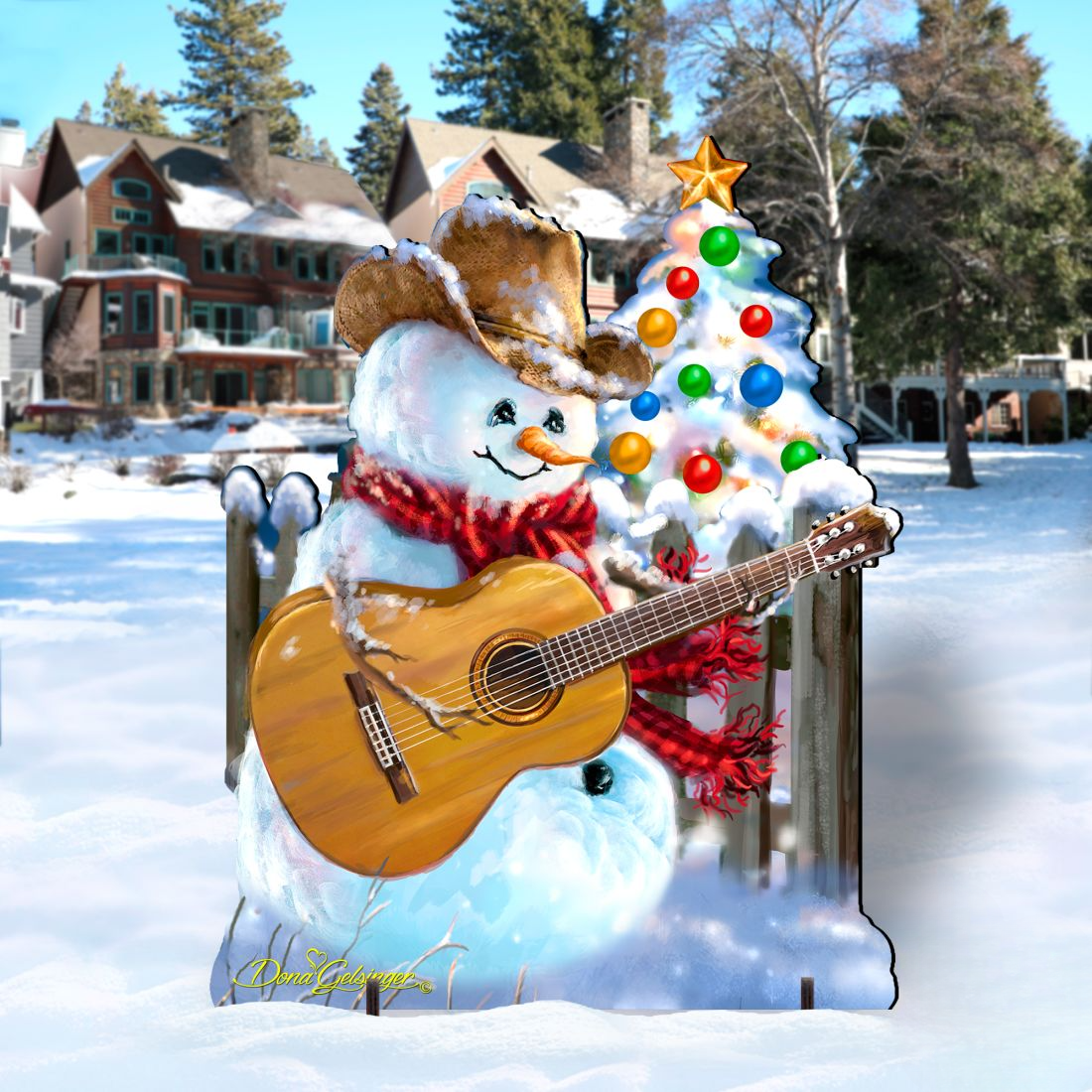 Guitar Rocker Snowman Christmas Outdoor Scene