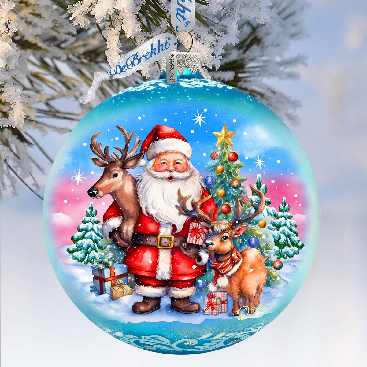 Santas Best Friends Lg Glass Ornament by G.Debrekht - Christmas Santa Snowman Decor - 73947