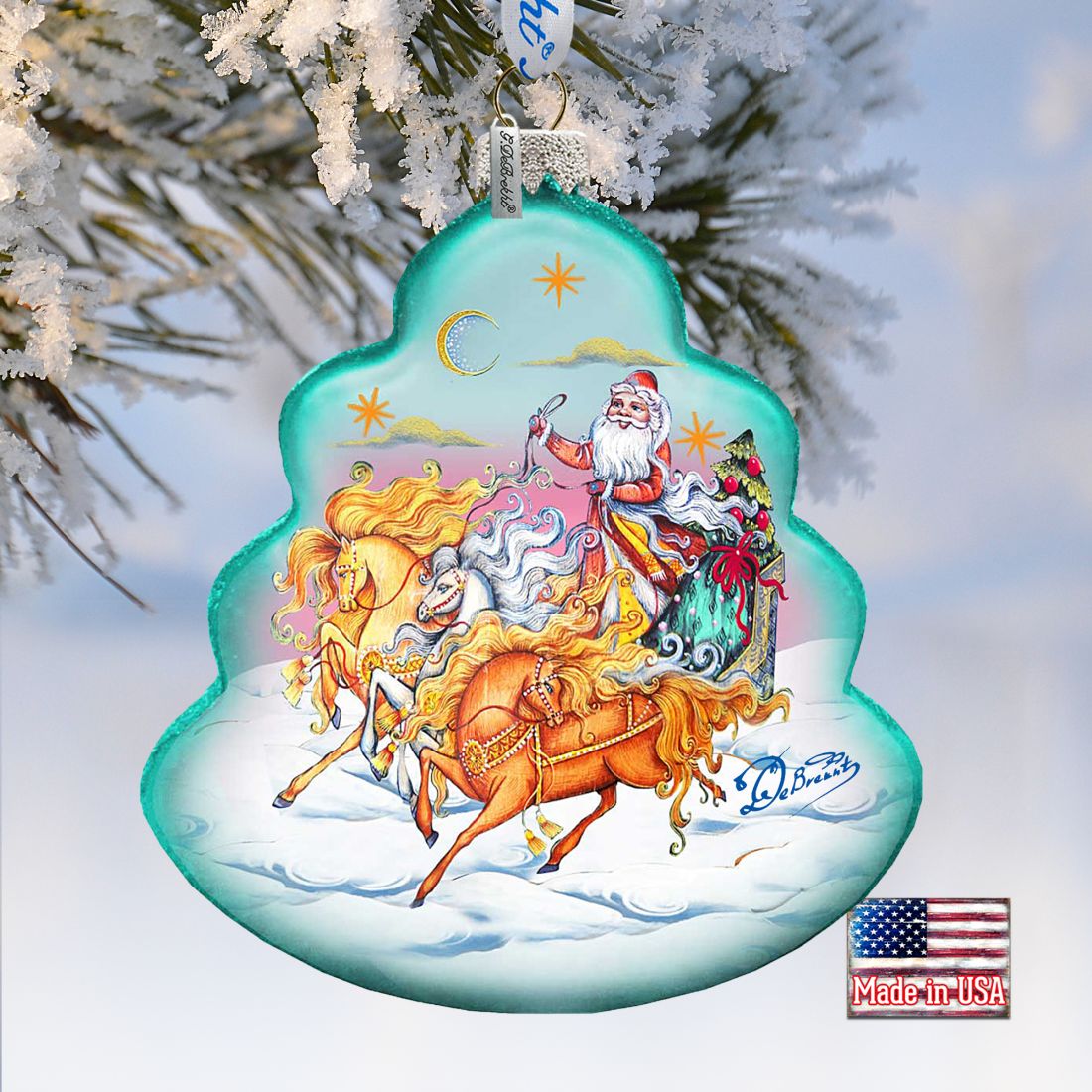 Sleigh Ride Tree Glass Ornament by G. DeBrekht - Christmas Santa Snowman Decor - 762-018
