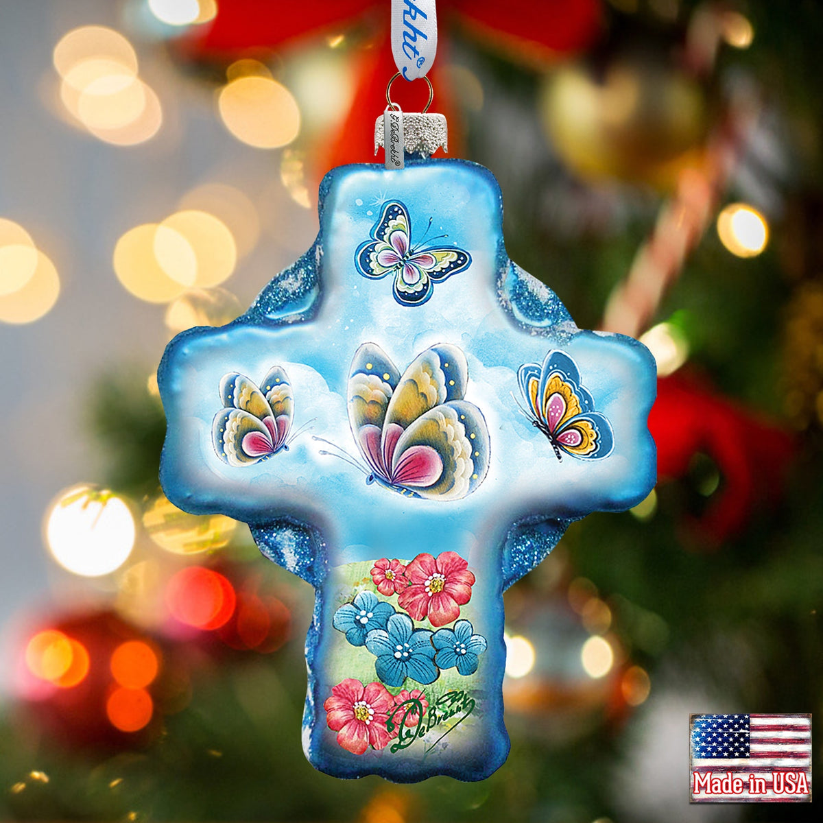 Blue Butterflies Cross Glass Ornament by G. DeBrekht - Nativity Holiday Decor - 758-003