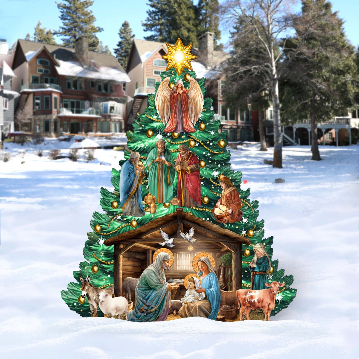 Nativity-Themed Christmas Tree Outdoor Indoor Decor Wooden Christmas Decoration