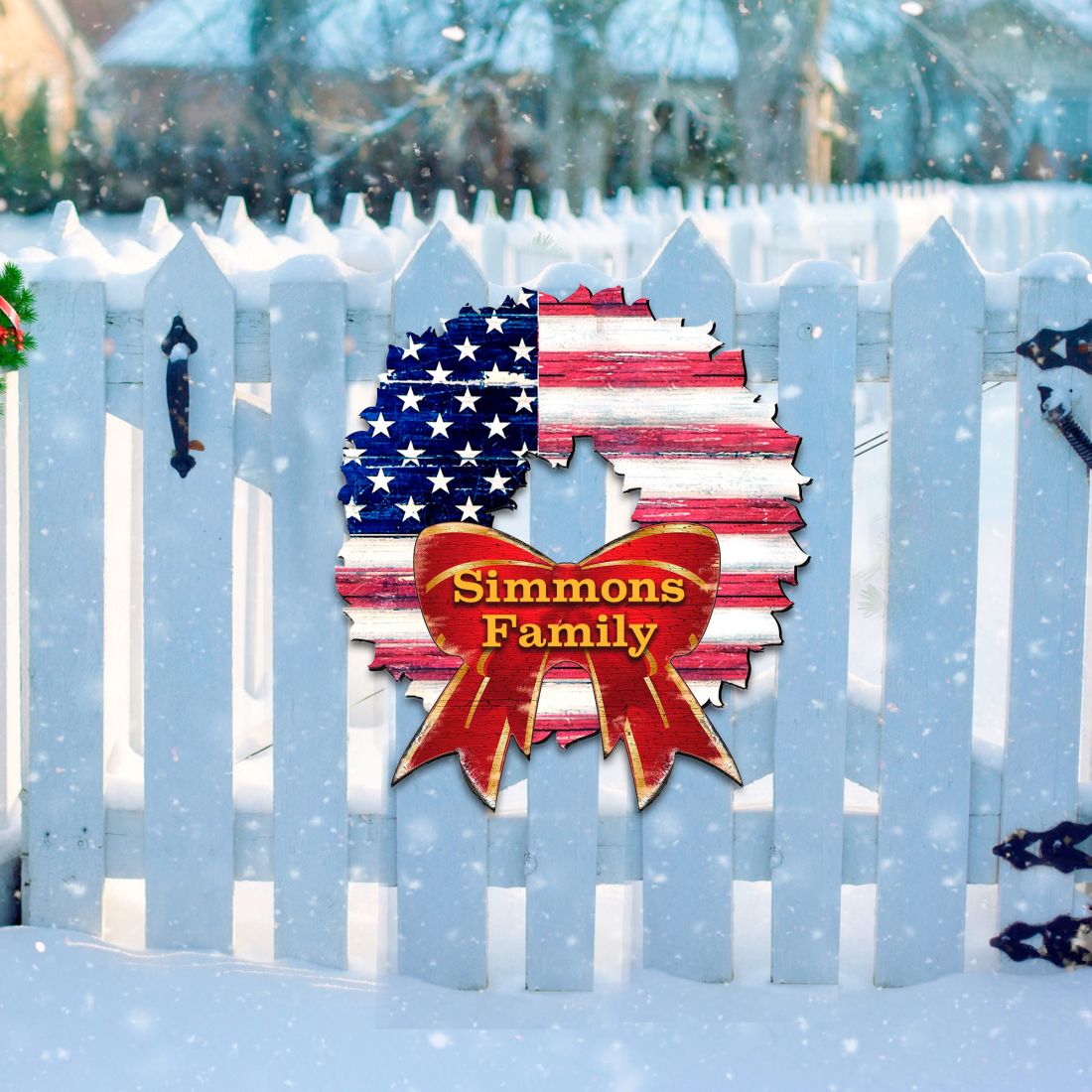 USA Flag Wreath Family Name Personalazed Holiday Door Decor by G. DeBrekht - American Christmas Decor - 8185302HP