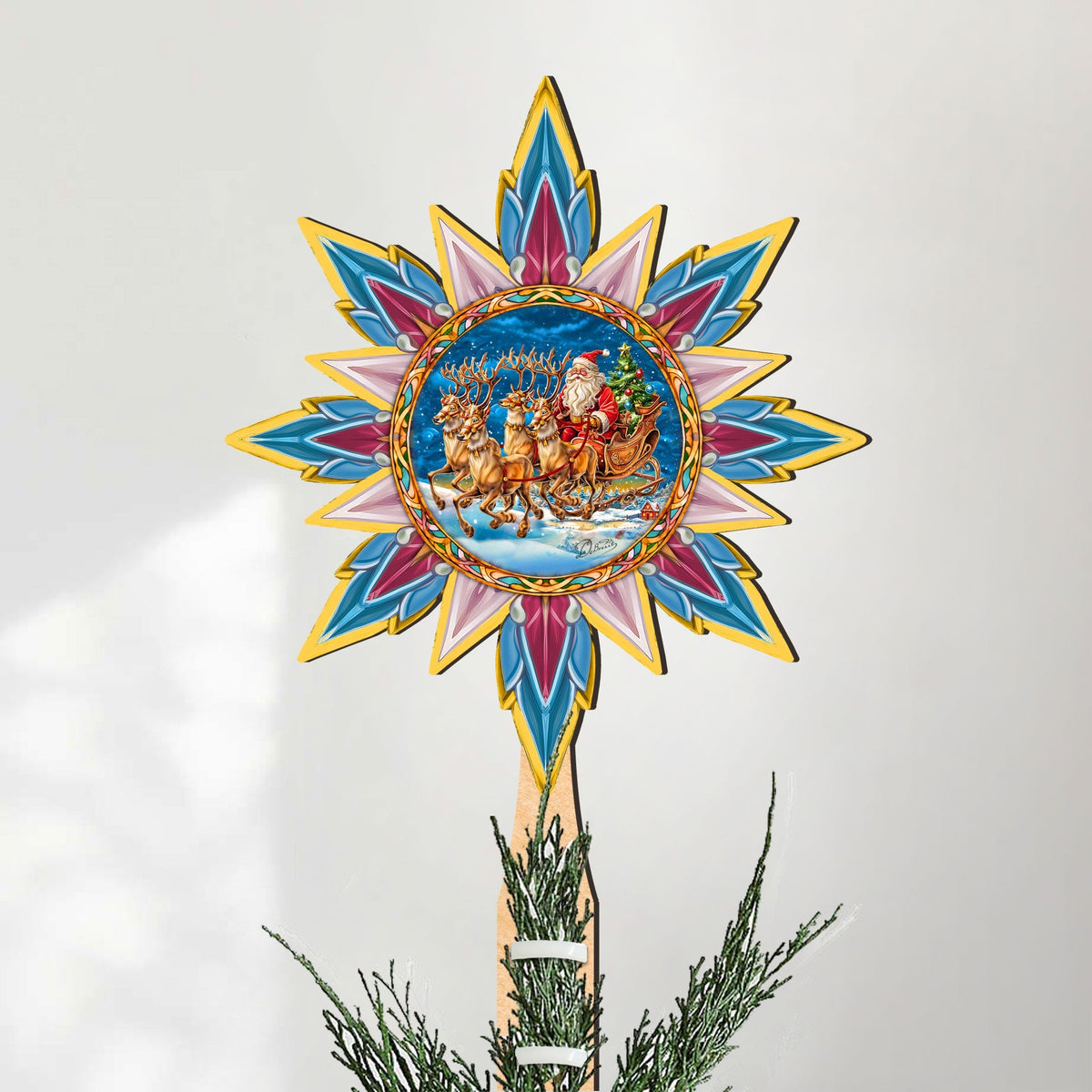 Santa on the Sleigh Star Tree Topper Wooden Decor