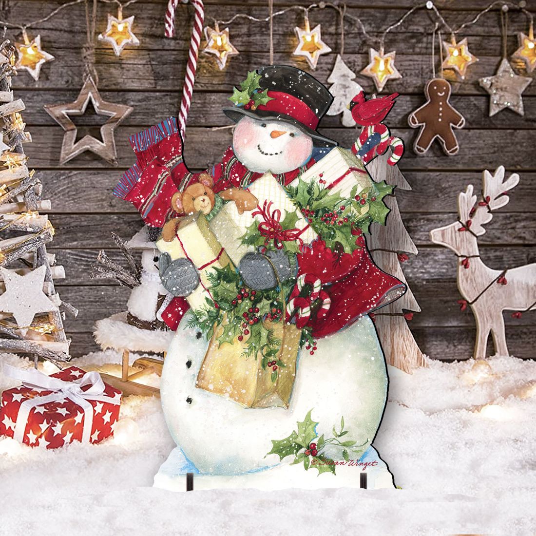 Dark Night Presents Christmas Outdoor Yard Sign by Susan Winget - Christmas Santa and Snowman Decor - 8471104F-SW