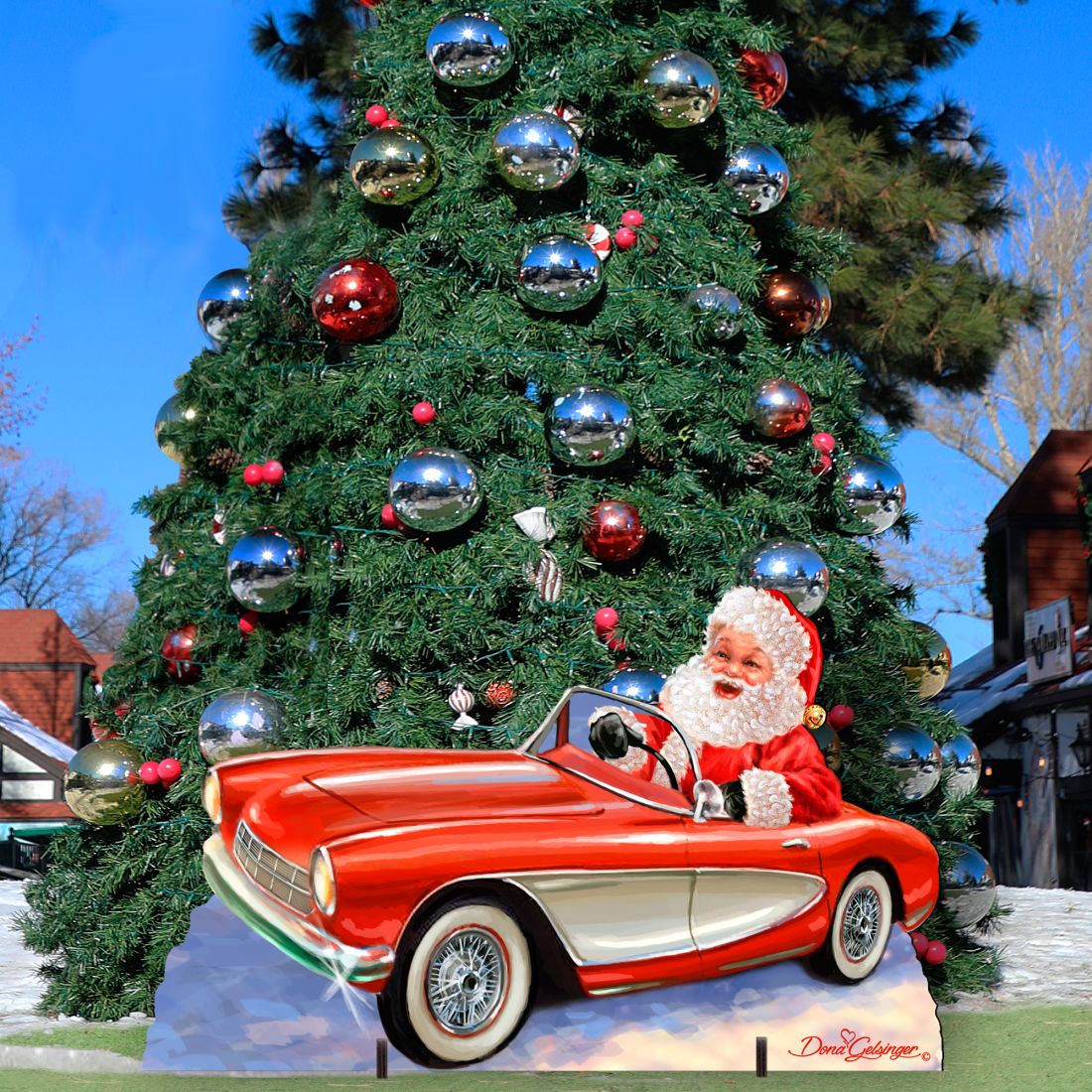 Santa Sports Car Christmas Outdoor Scene by D. Gelsinger - Christmas Santa Snowman Decor - 8461030F-1554