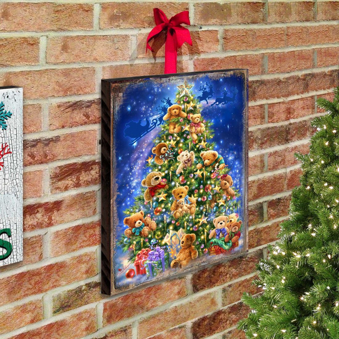 Teddy Bear Tree Wooden Wall Art by D. Gelsinger - Christmas Santa Snowman Decor - 95605B-1101
