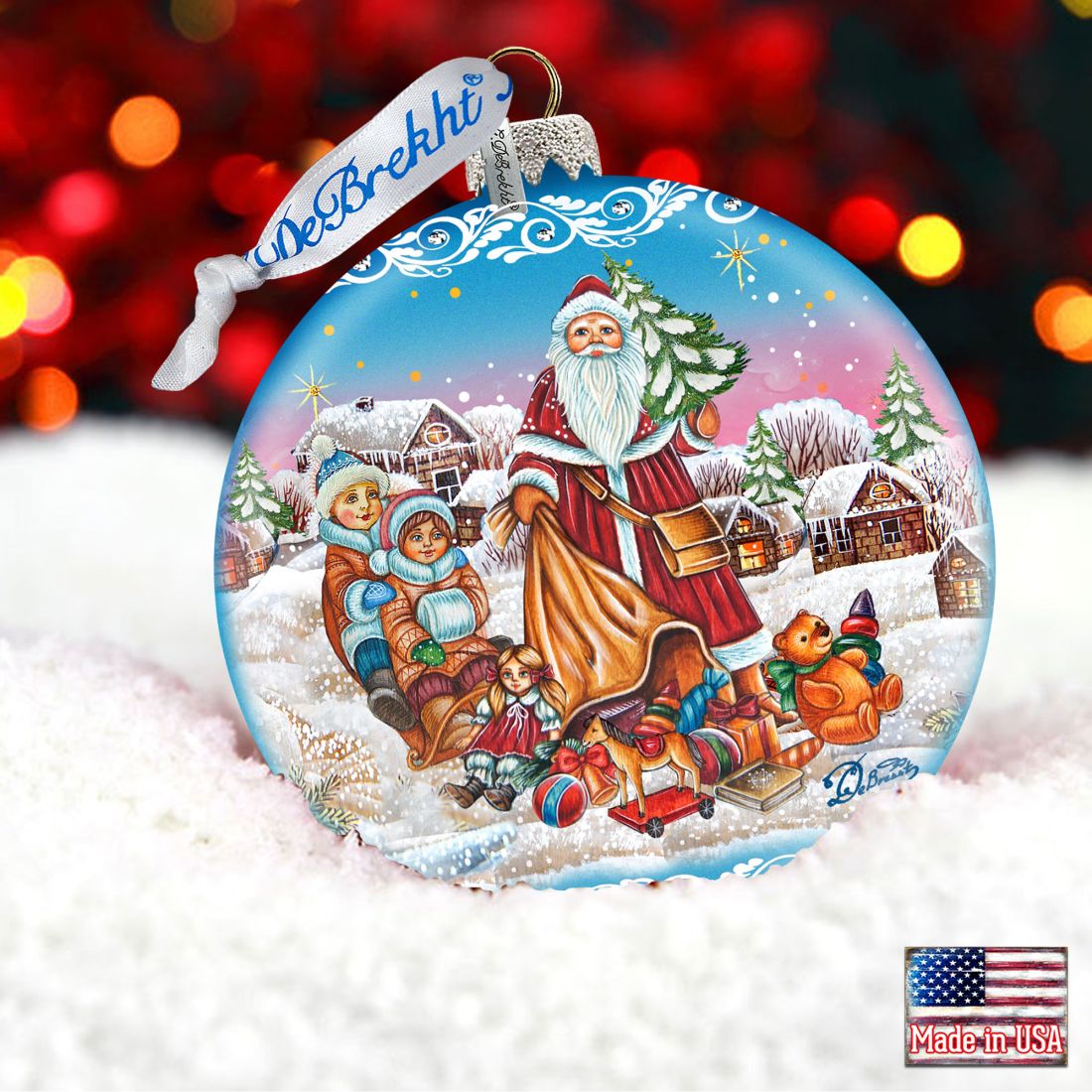 Santa Gift Giver Blue Ball Glass Ornament Limited Edition by G. DeBrekht - Christmas Santa Snowman Decor - 73874B