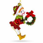 Smiling Elf with Red Bow Wreath Glass Christmas Ornament