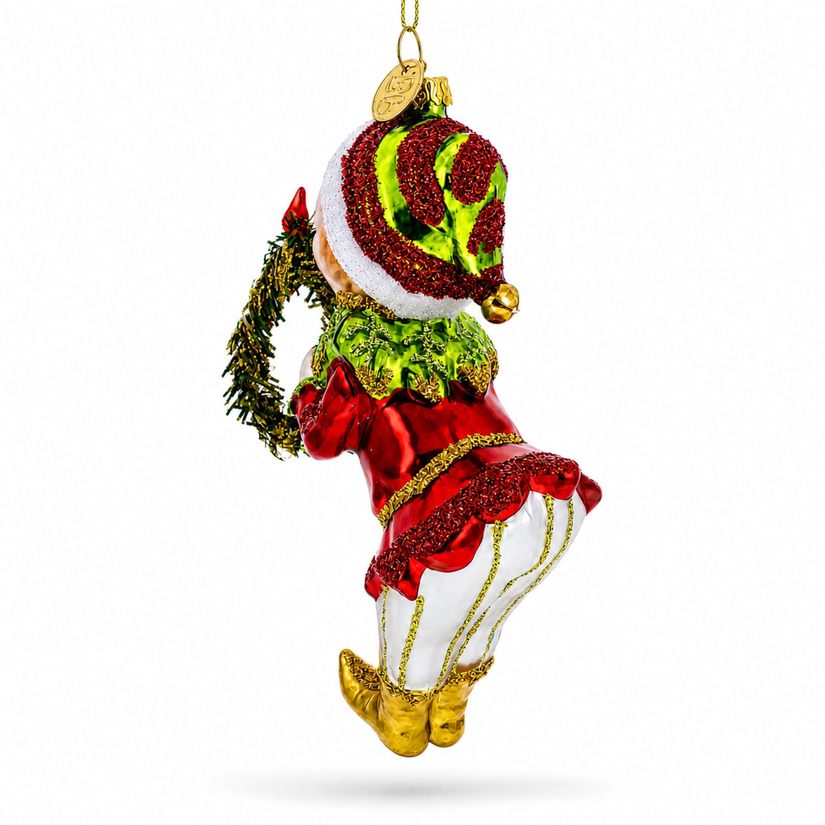 Smiling Elf with Red Bow Wreath Glass Christmas Ornament