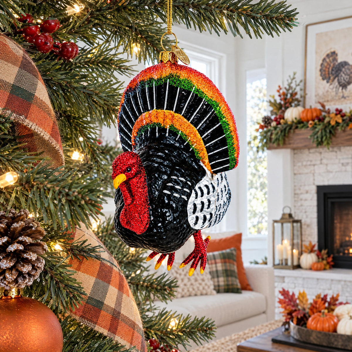 Gobbler Turkey for Thanksgiving and Holiday Decor Glass Christmas Ornament