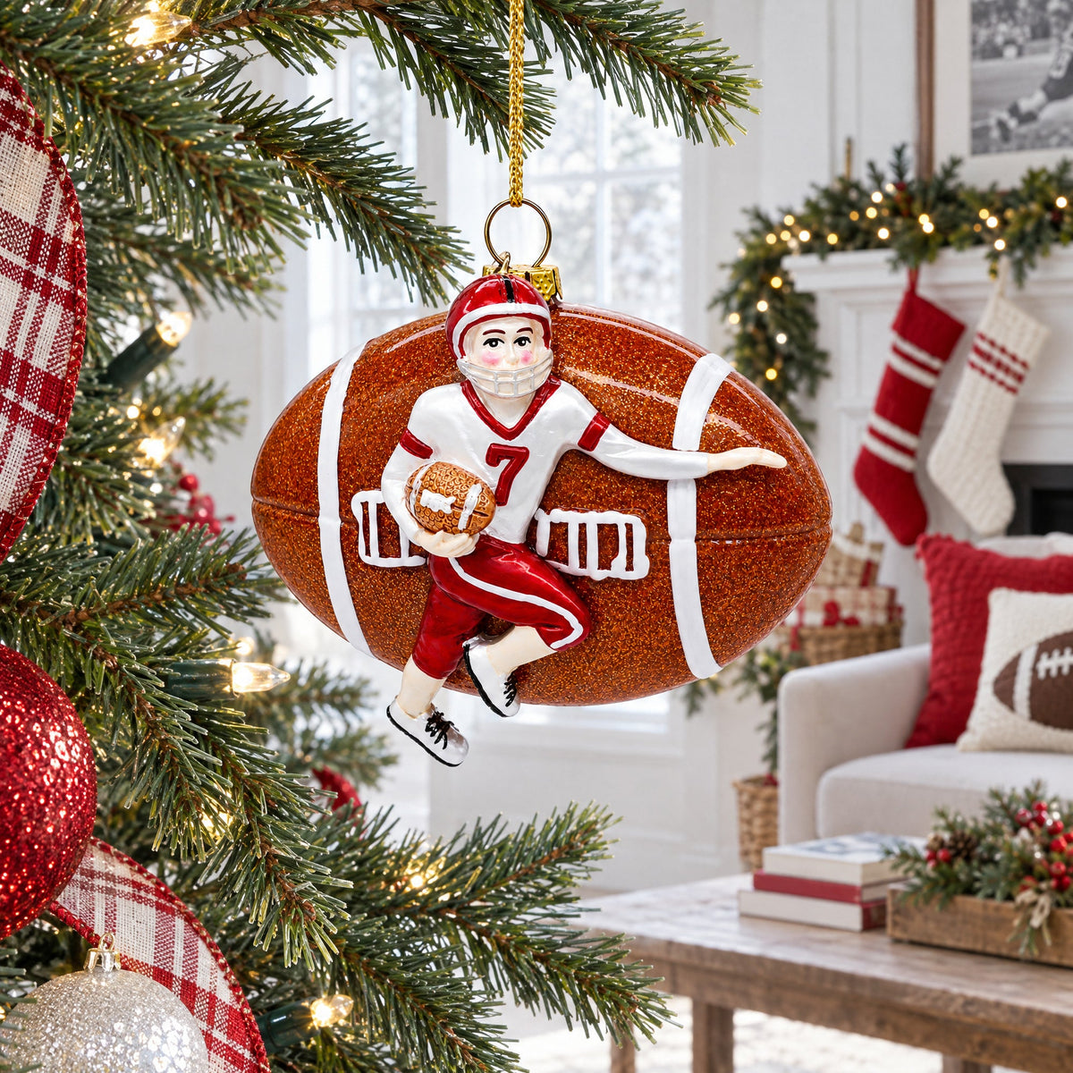 Football Player Glass Christmas Ornament