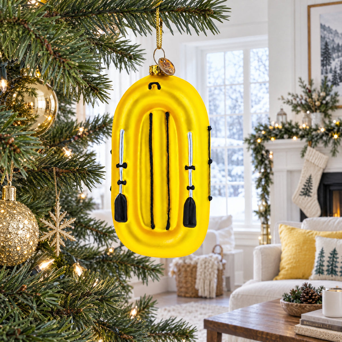 Sunny Yellow Rubber Boat Glass Christmas Ornament
