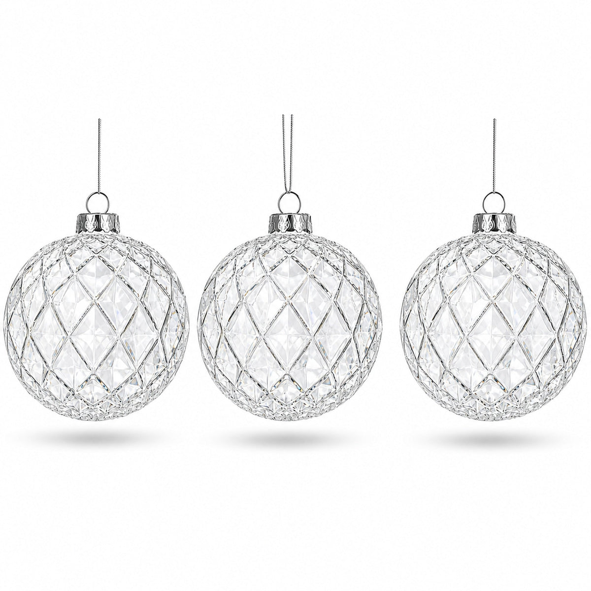 Set of 3 Clear Ribbed Sphere Glass Christmas Ornament 3.5 Inches