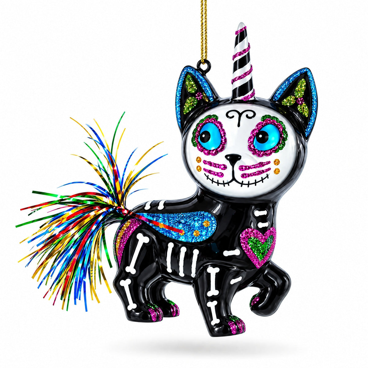 Spooky Halloween Cat Skeleton Glass Christmas Ornament